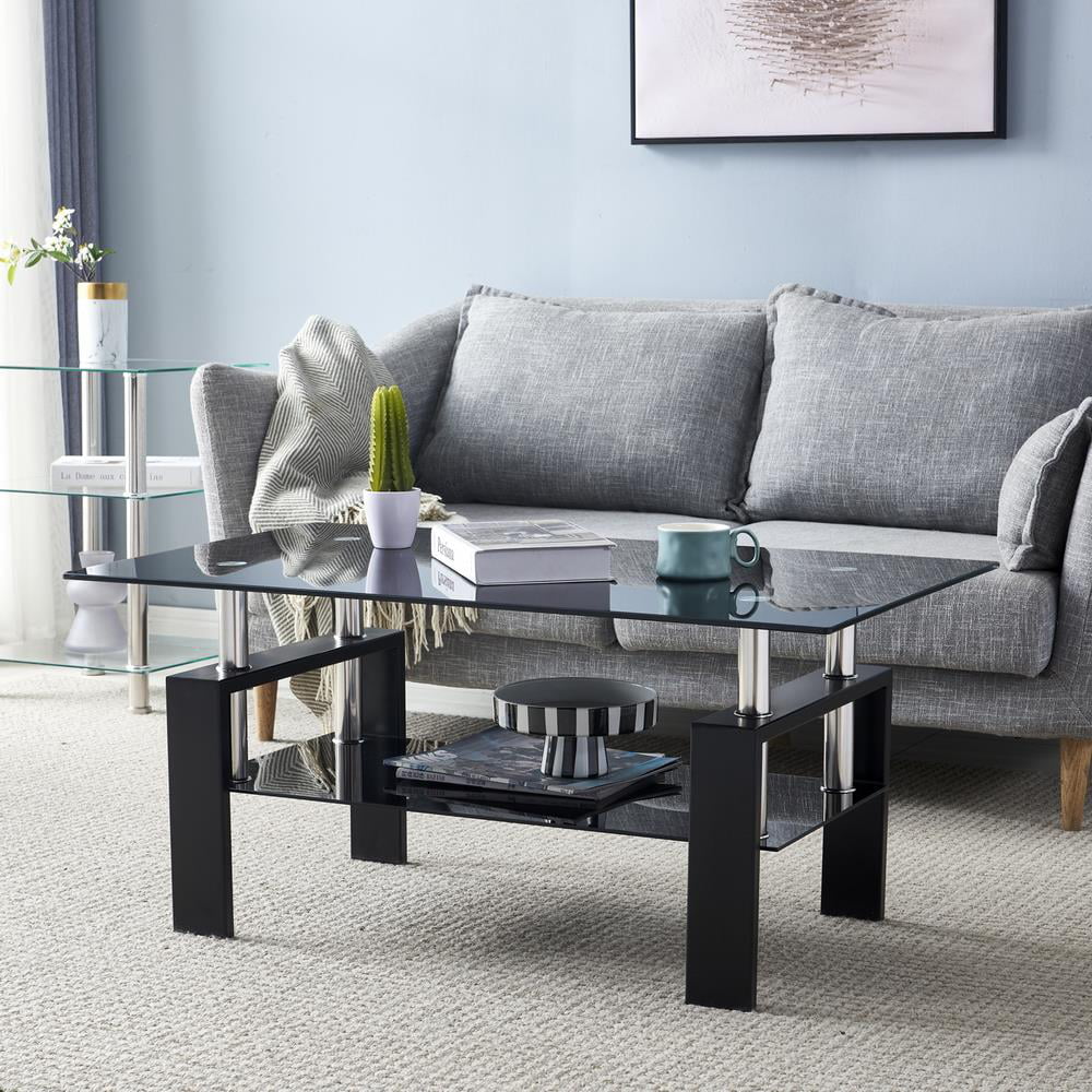 Rectangle Glass Coffee Table with Lower Shelf Metal Legs H885