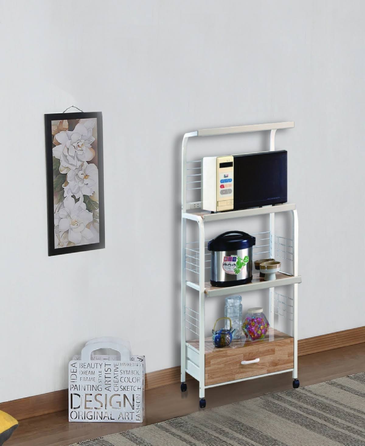 White Kitchen Shelf on Casters N706