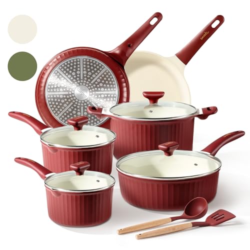 12pcs Non Stick Granite Pots and Pans Set, Dark Red I2903