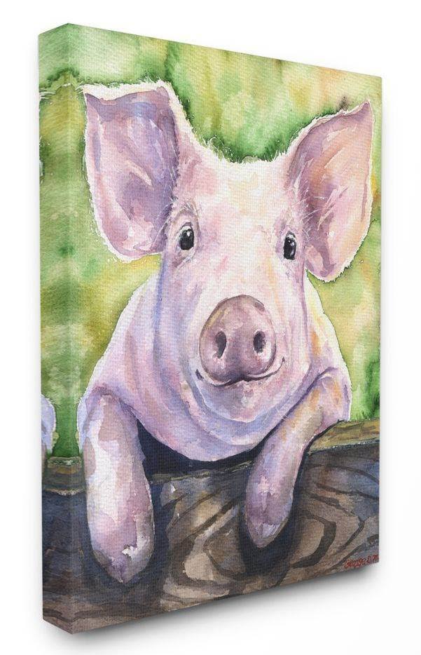 Pink Pig Green Watercolor Canvas Art F4124