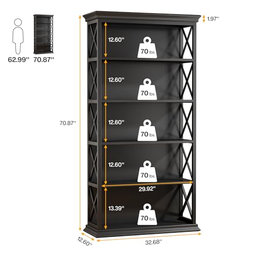 6-Tier 71 Inches Industrial Tall Bookcase, Brown and Black J4259