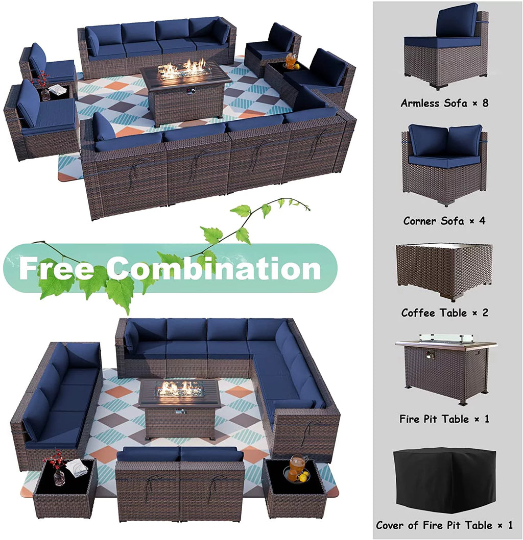 15 Pieces Outdoor Patio Furniture Set with Propane Fire Pit Table Navy Blue M1290