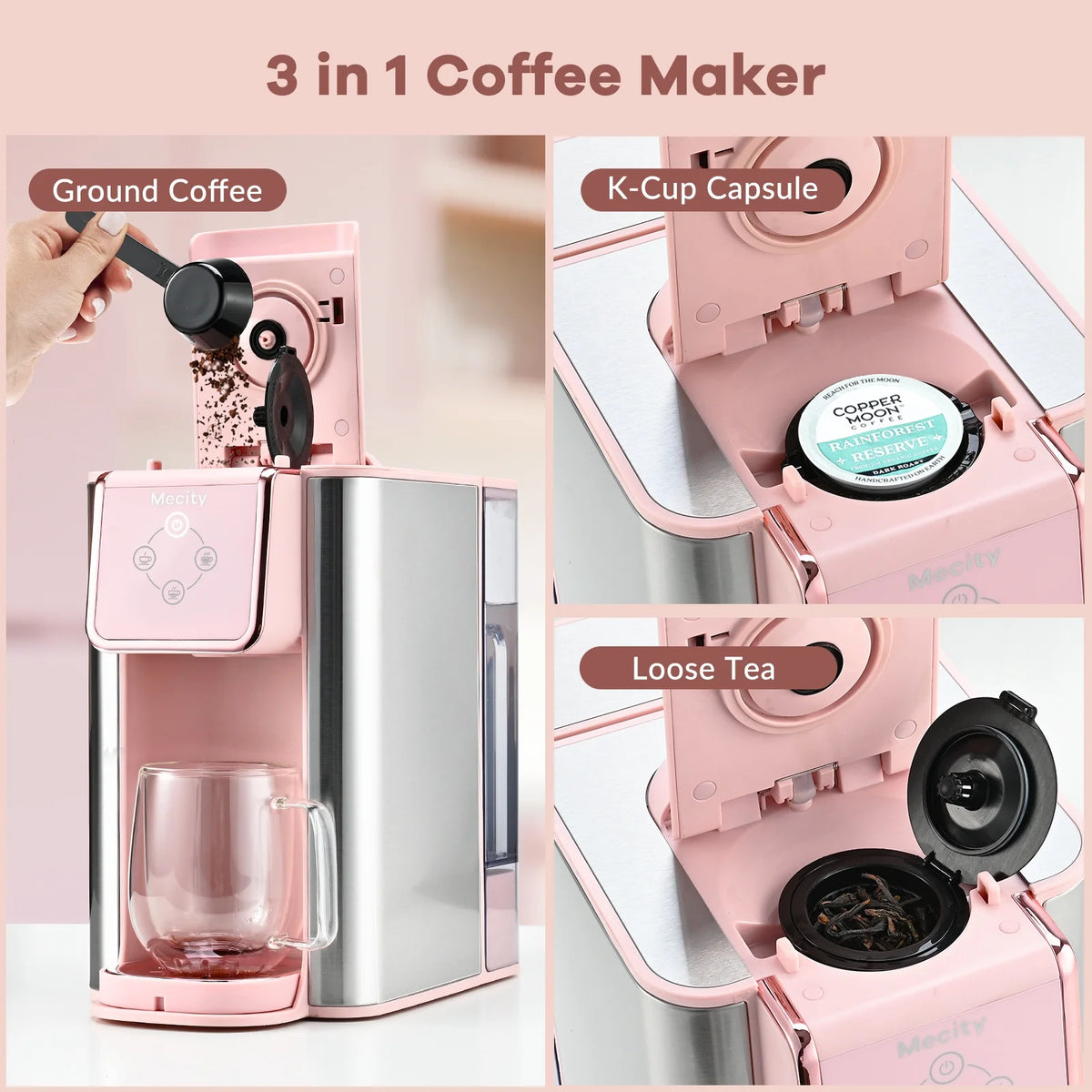 Pink 3-in-1 Single Serve Coffee Machine with Removable 50 Oz Water Reservoir P56197