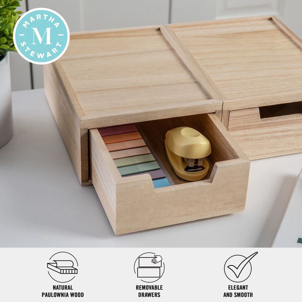 2 Pack Stackable Light Natural Paulownia Wood Boxes with Drawers I52781