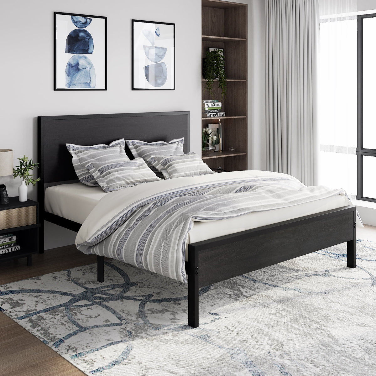 Queen Size Black Oak Headboard Bed Frame I976