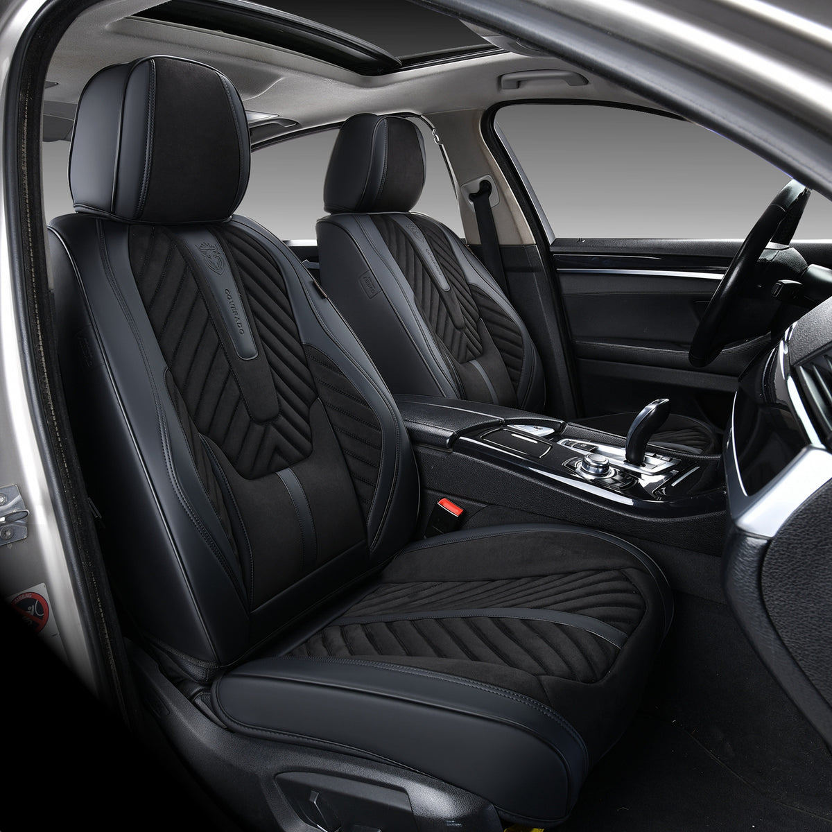 Black Suede and Leather Front and Rear Car Seat Covers, 5 Seats O112