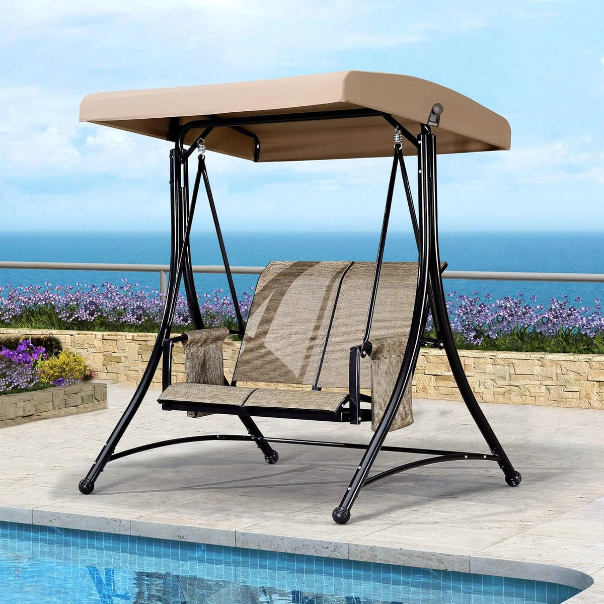 Beige 2-Seat Outdoor Patio Swing with Steel Frame Z958519