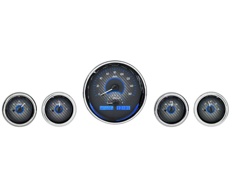 Universal 5 Round Analog Gauge Kit Carbon Fiber Blue C311334