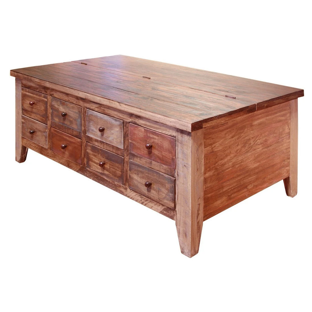 50 Inch 8 Drawer Lift Top Pine Wood Coffee Table I7458