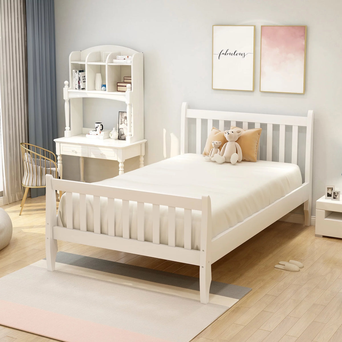 White Twin Platform Bed Frame with Wood Slat Support K886549