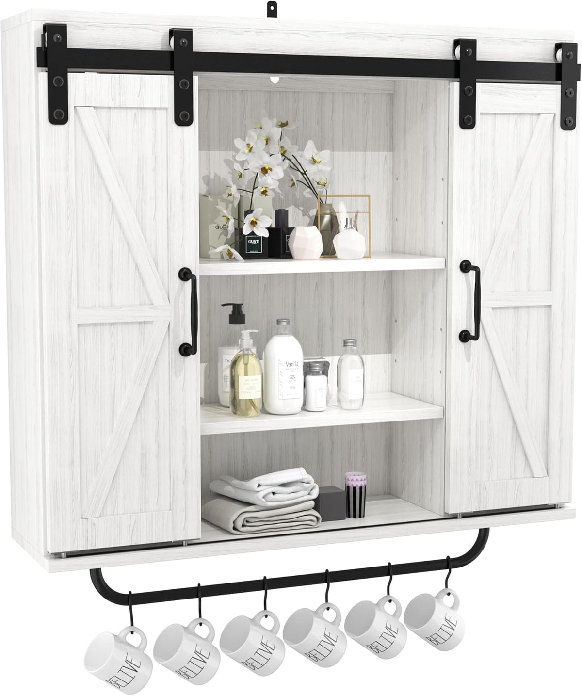 Black Wood Wall Storage Cabinet with Two Sliding Barn Door 3 Tier K880667
