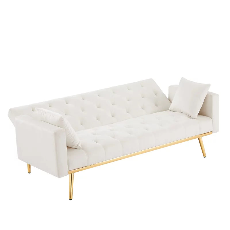 Cream White Velvet Convertible Futon Sofa Bed W322780