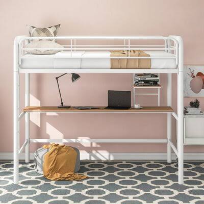 White Twin Loft Bed with Built-in Desk W70038