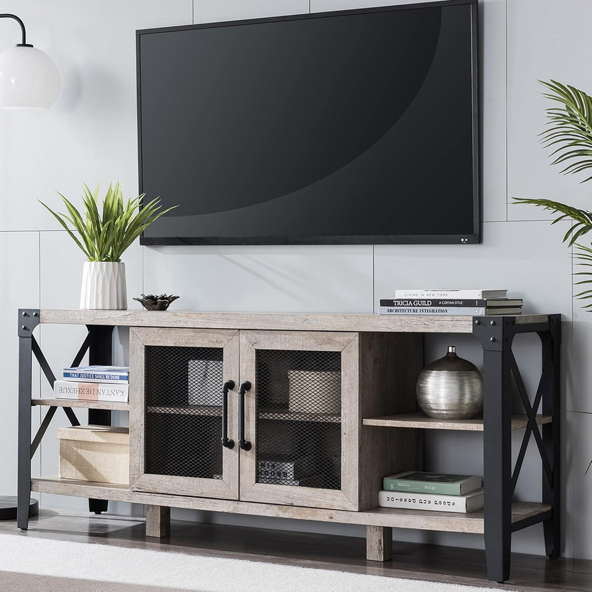 Large Brown Wood TV Stand with Metal Side X-Frame U5311