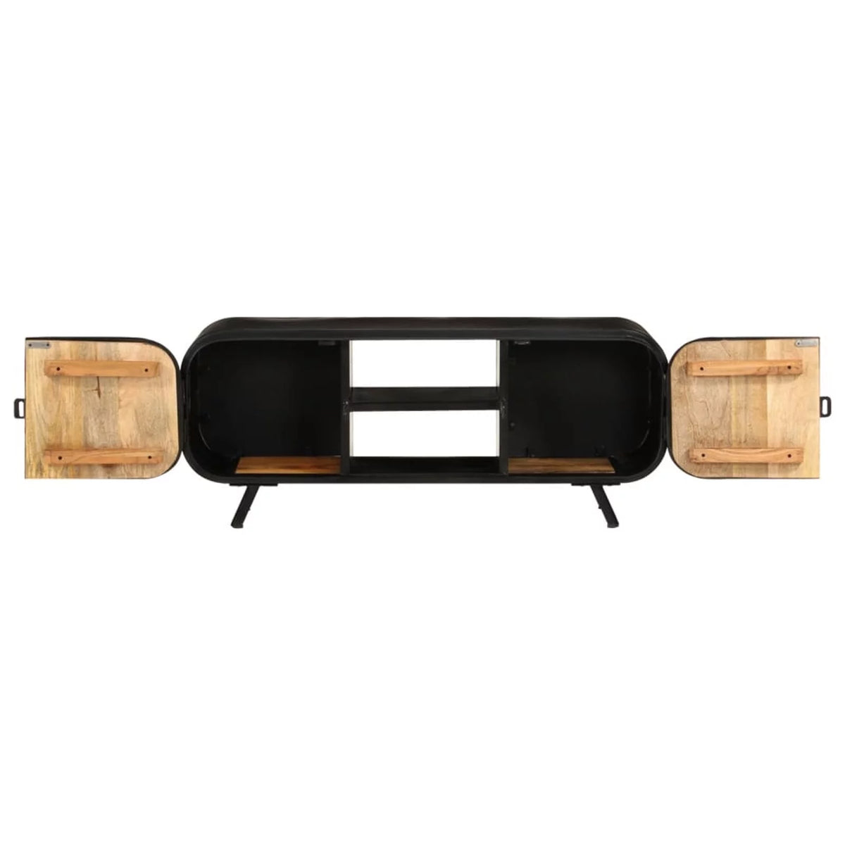 TV Stand with 2 Compartments and 2 Storage Shelves Rough Mango Wood Iron Legs F32573