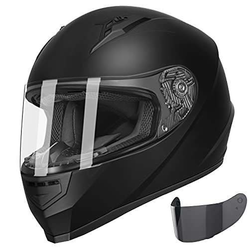Compact Motorcycle Helmet - Matte Black, Large - Full Face w/ Tinted Visor T199