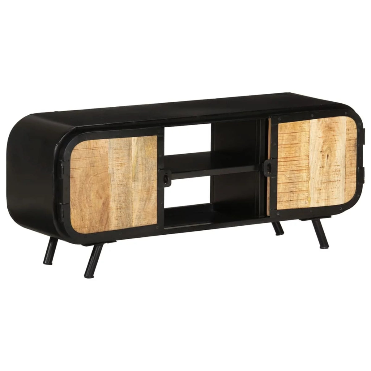 TV Stand with 2 Compartments and 2 Storage Shelves Rough Mango Wood Iron Legs F32573