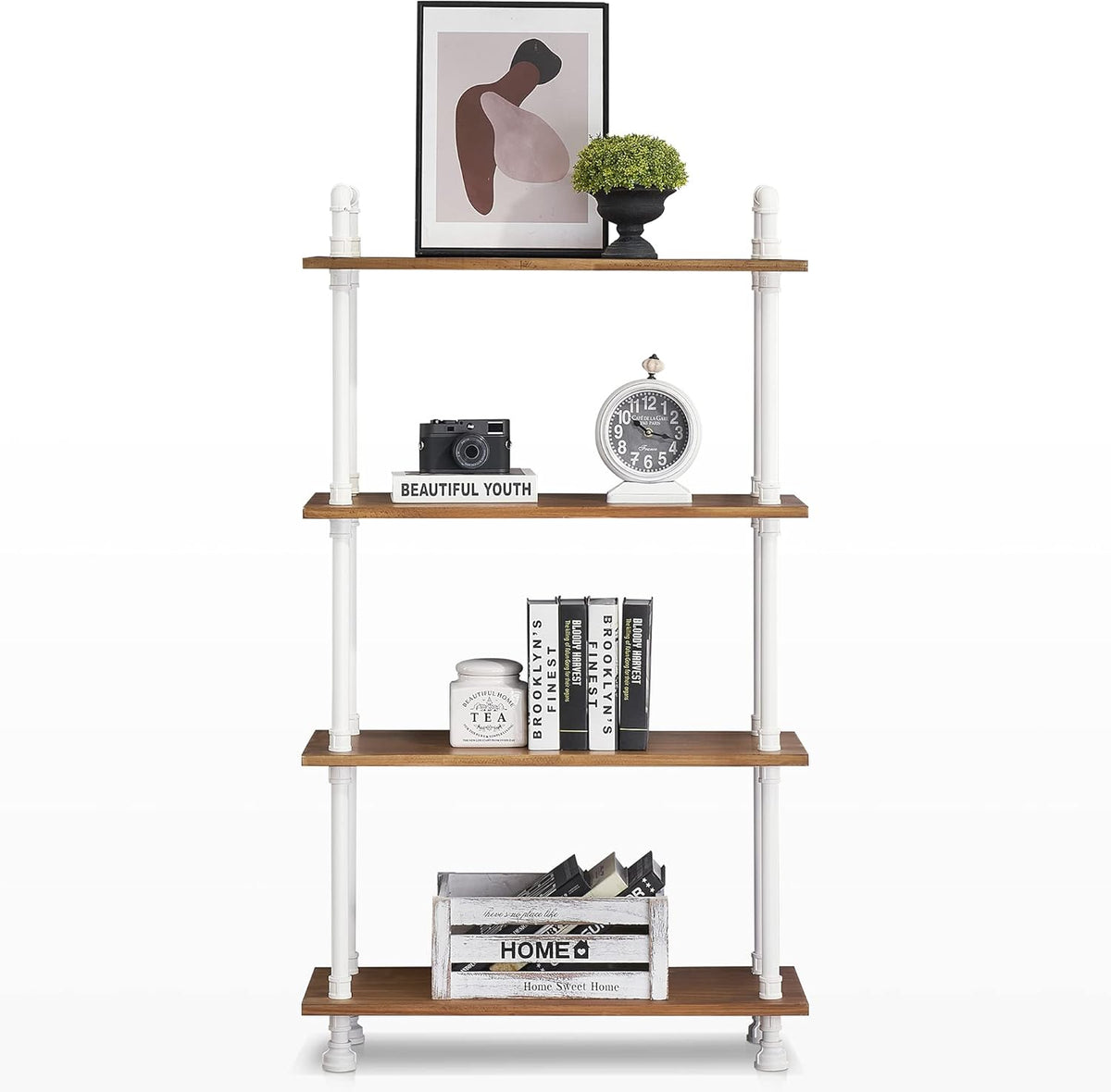 White Walnut Solid Wood 4 Shelf Bookshelf L204