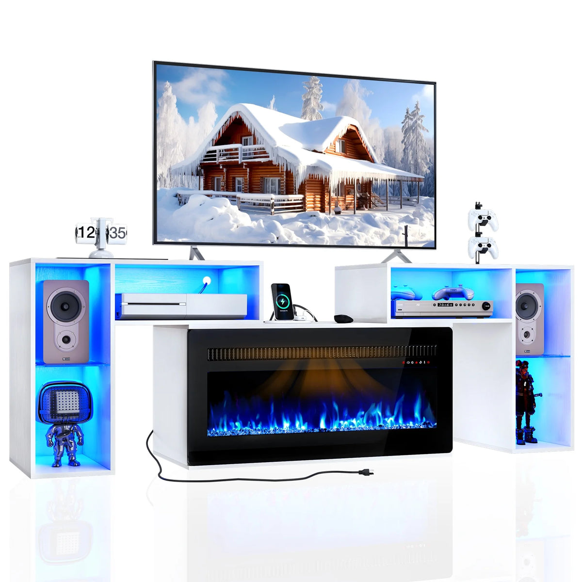 White Entertainment Center with Electric Fireplace and 42 Fireplace X489137