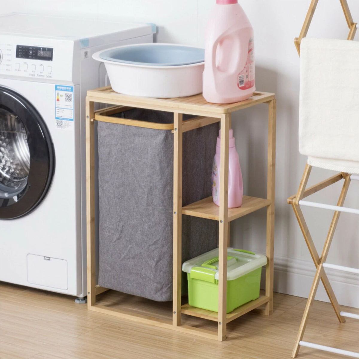 Bamboo Laundry Hamper with Storage Shelves R7612