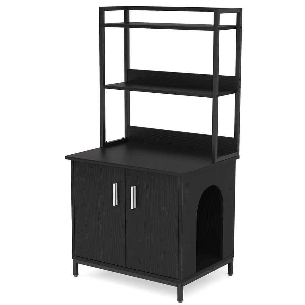 Black Litter Box Enclosure with Shelves and Doors G98861