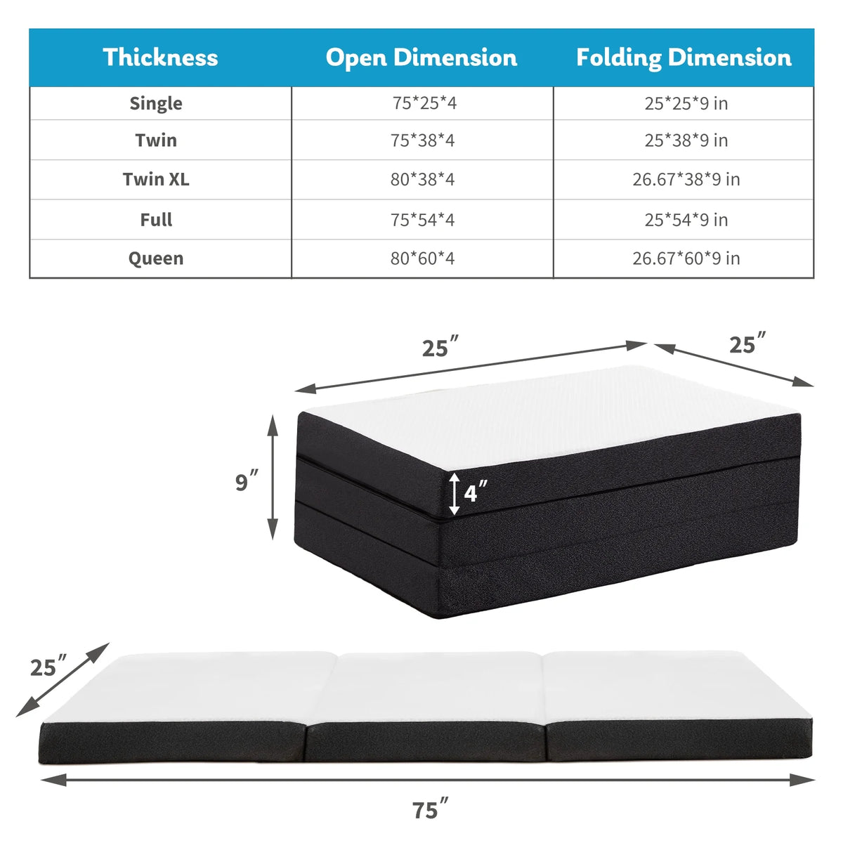 4 inches Tri-Fold Memory Foam Mattress with Cover O88699