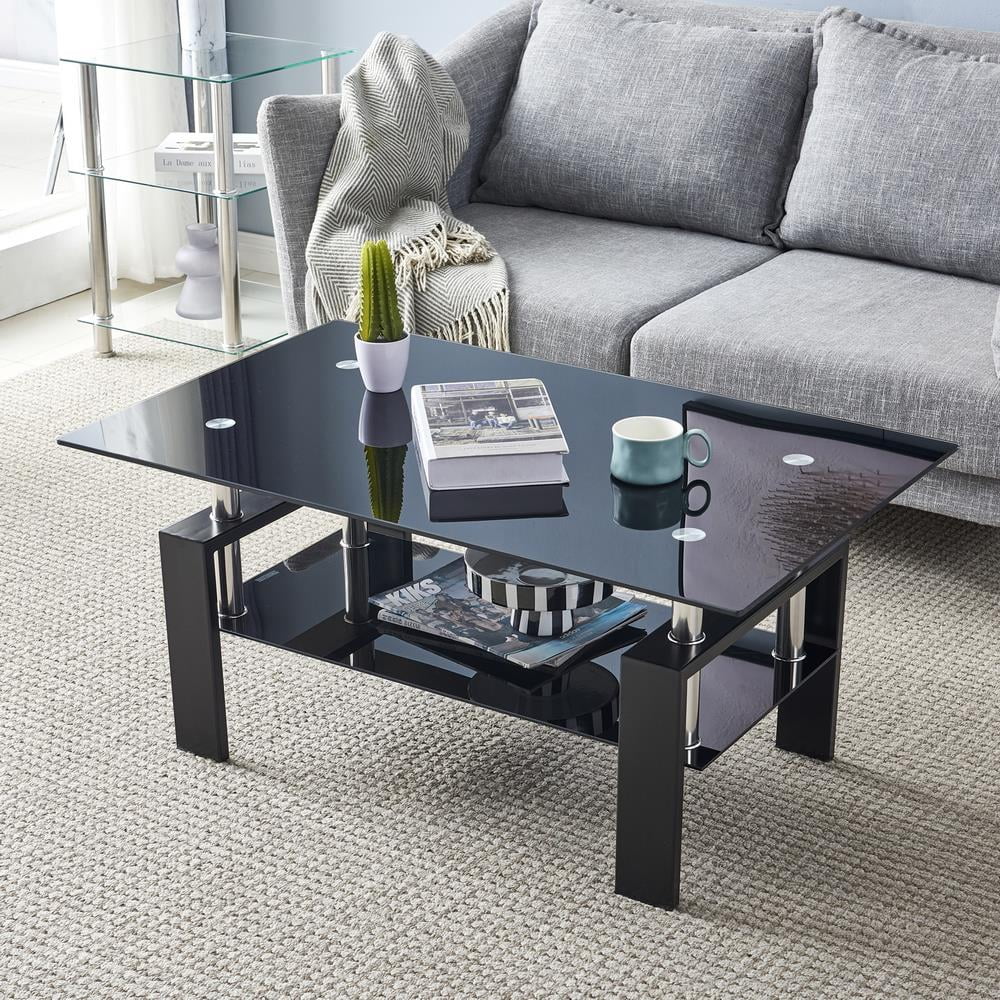 Rectangle Glass Coffee Table with Lower Shelf Metal Legs H885