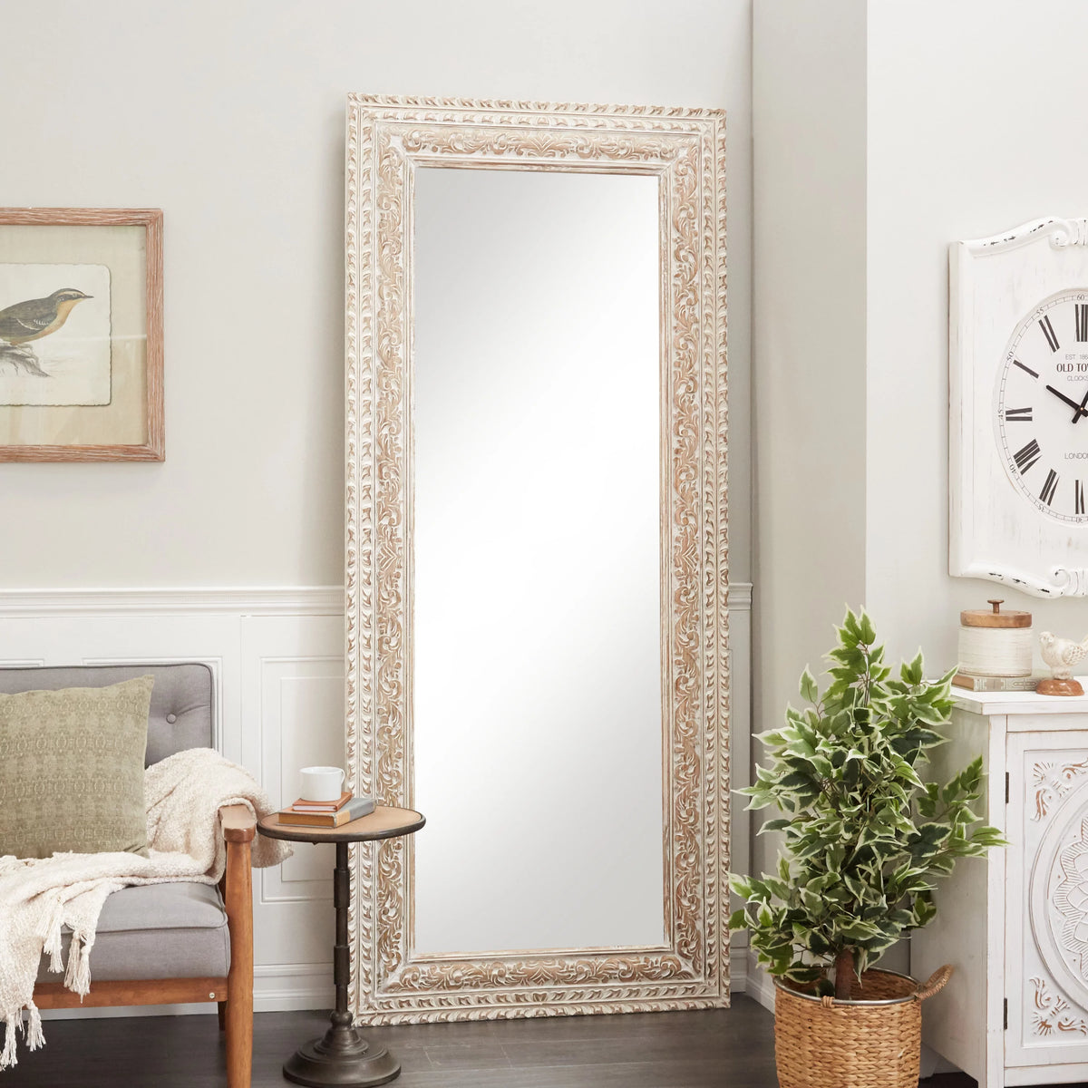 White Carved Floral Wall Mirror R845881