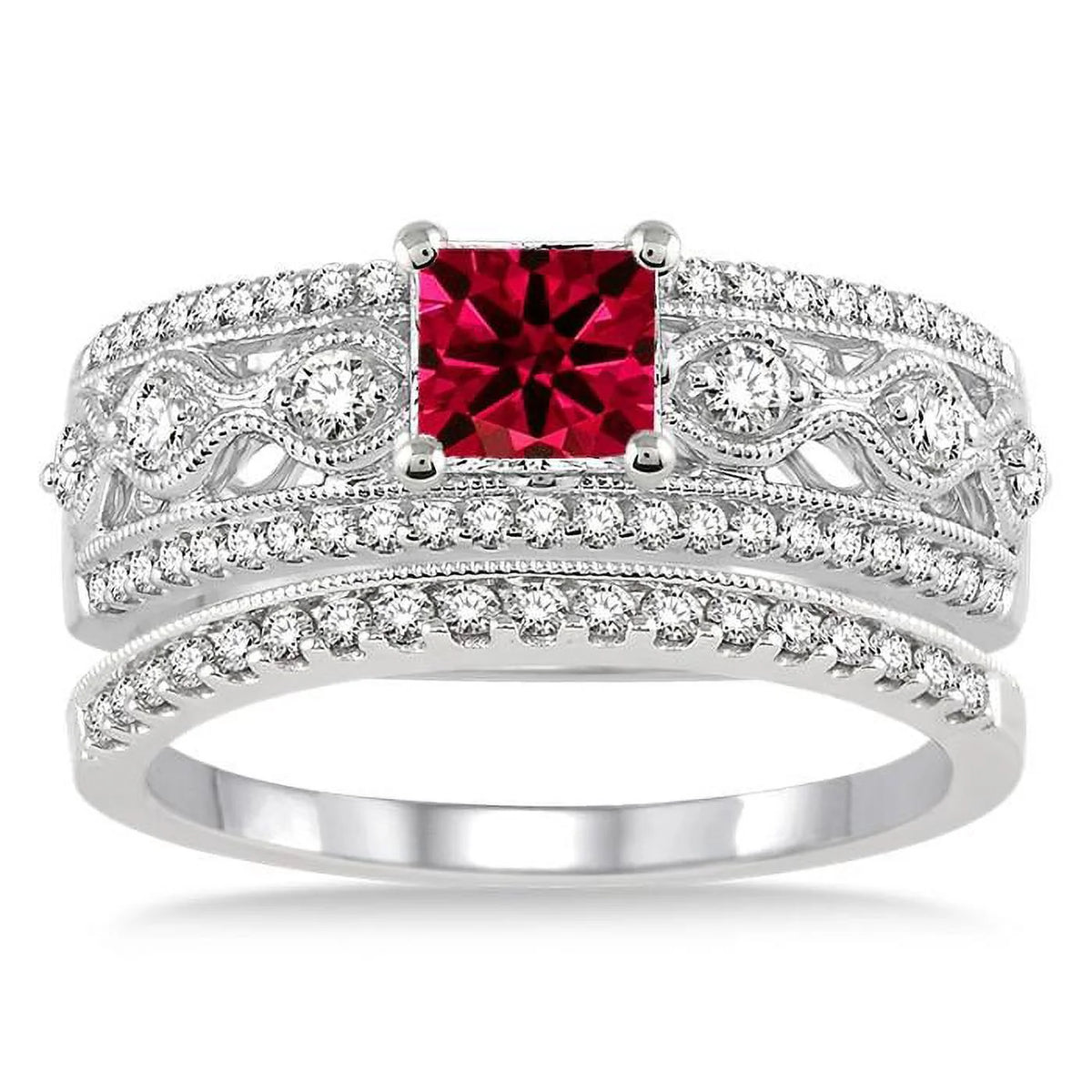 Red Ruby Princess Cut Bridal Set Engagement Ring on 10k White Gold A48674