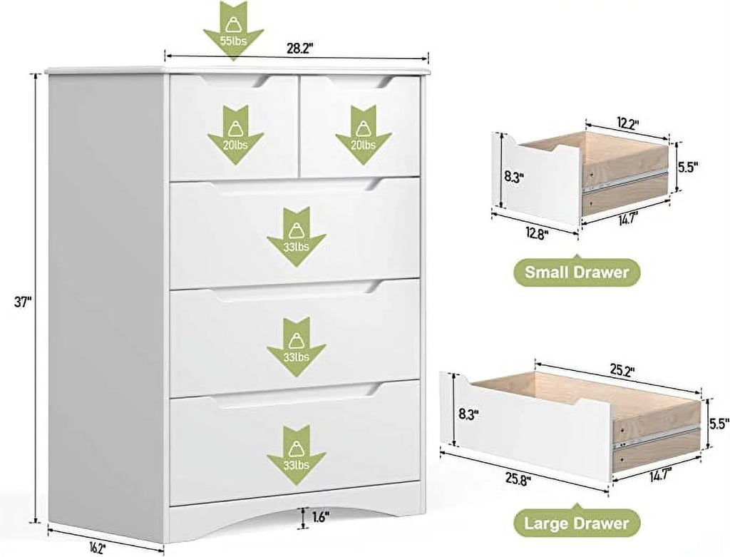 White 5 Drawer Wood Dresser T77652