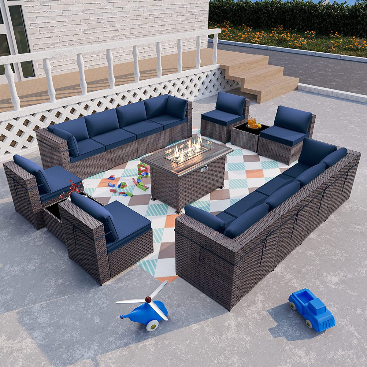 15 Pieces Outdoor Patio Furniture Set with Propane Fire Pit Table Navy Blue M1290