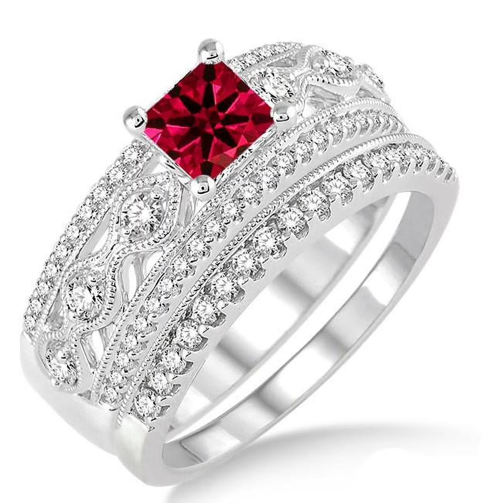Red Ruby Princess Cut Bridal Set Engagement Ring on 10k White Gold A48674