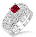 Red Ruby Princess Cut Bridal Set Engagement Ring on 10k White Gold A48674