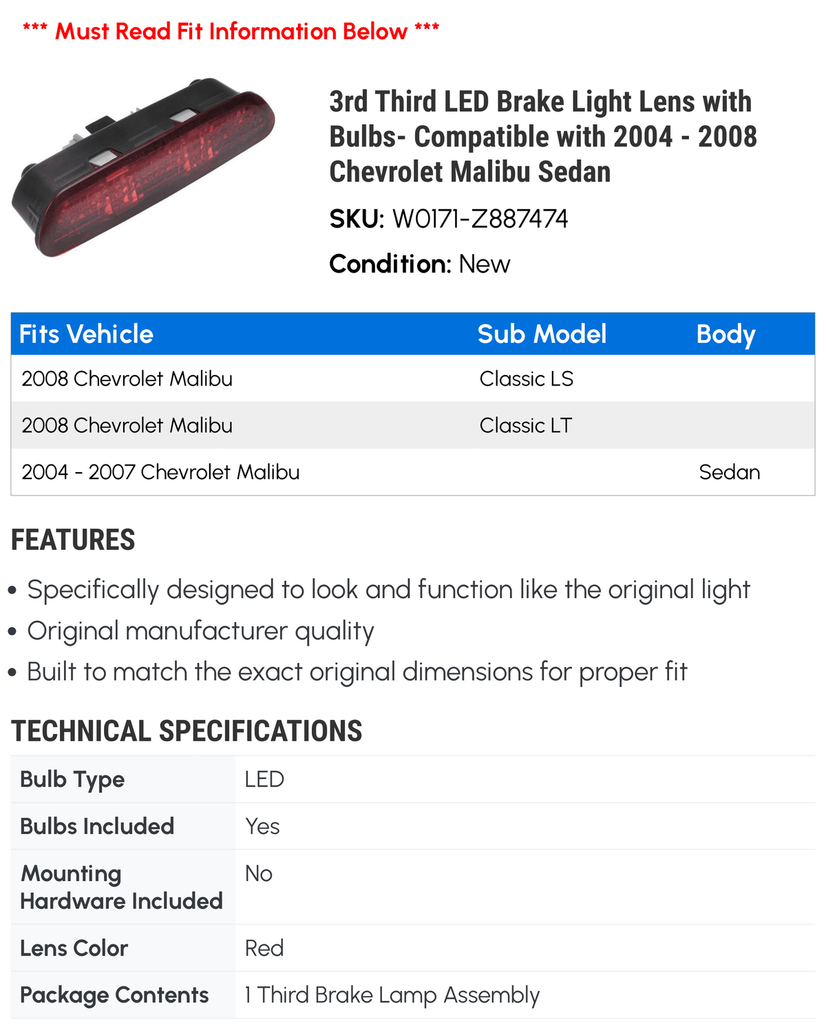 LED Brake Light Lens with Bulbs V40532