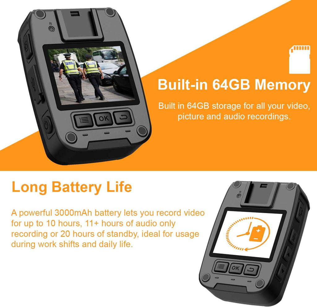 Body Worn Camera with 2” Display 1080p Full HD, 64G Memory, Infrared Night Vision, 3000 mAh Battery, Waterproof U640274