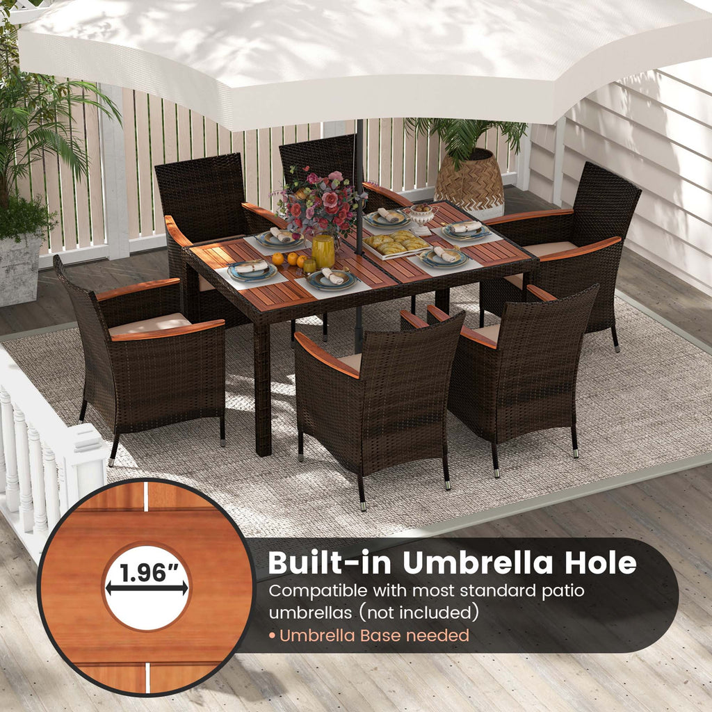 7 Pieces Outdoor Wicker Dining Set with Acacia Wood Table A537885