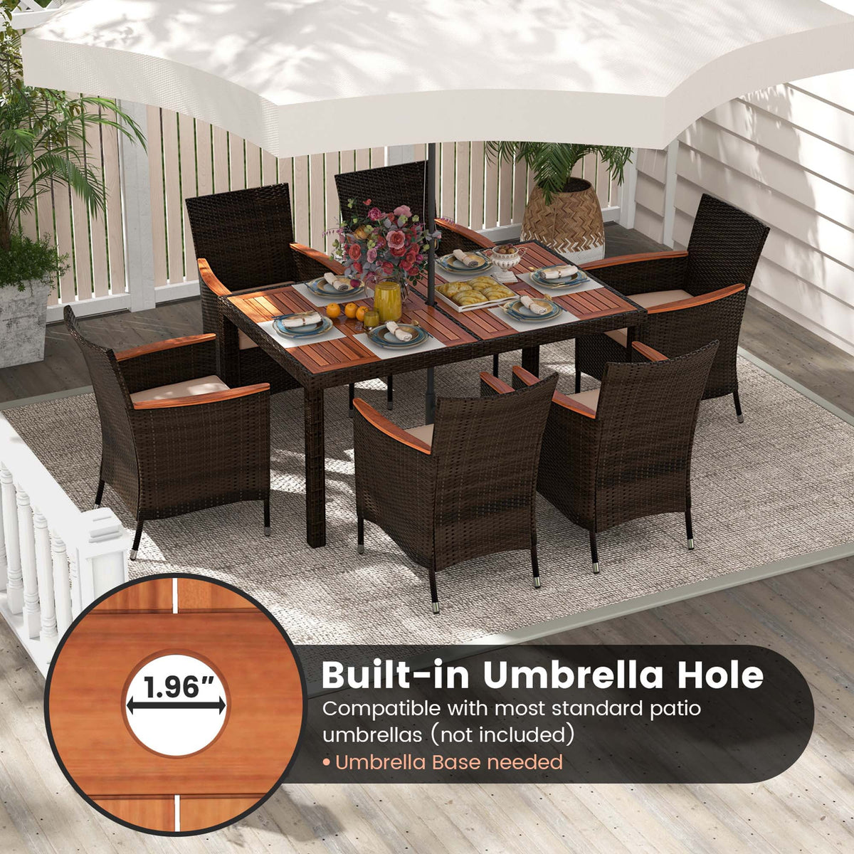 7 Pieces Outdoor Wicker Dining Set with Acacia Wood Table A537885