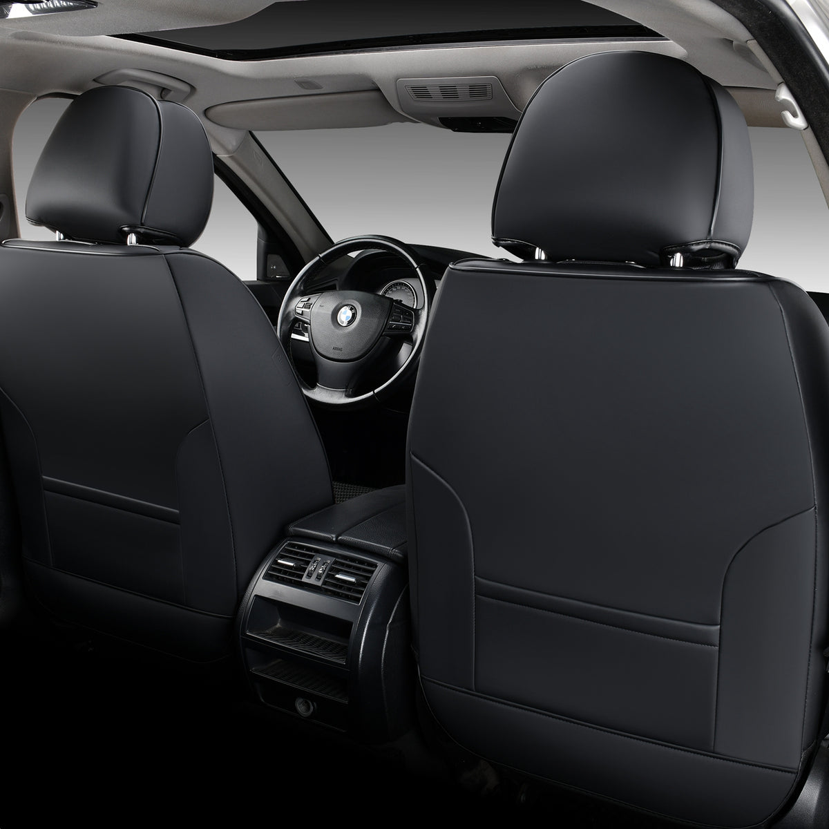 Black Suede and Leather Front and Rear Car Seat Covers, 5 Seats O112