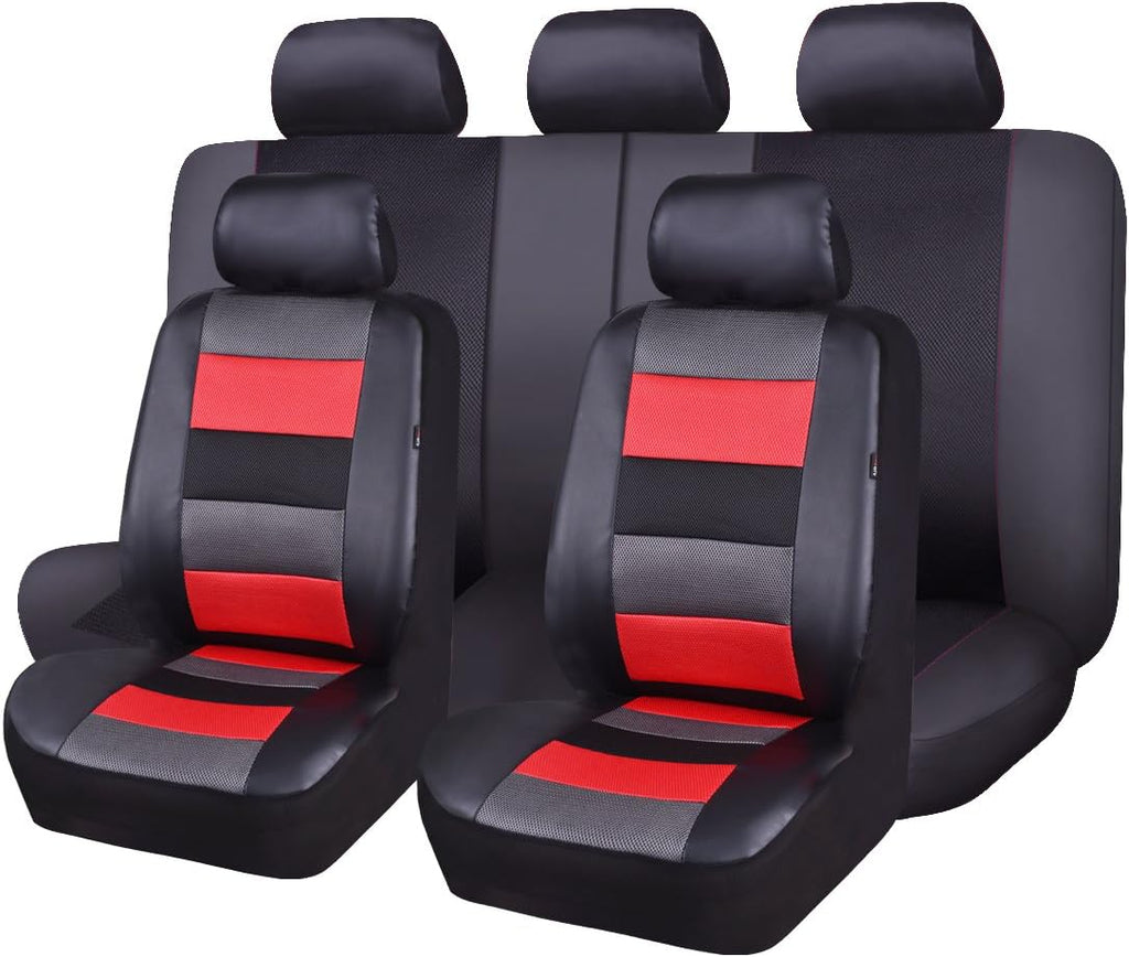 Black Leather and Red Fabric Mesh Car Seat Covers Full Set W3689