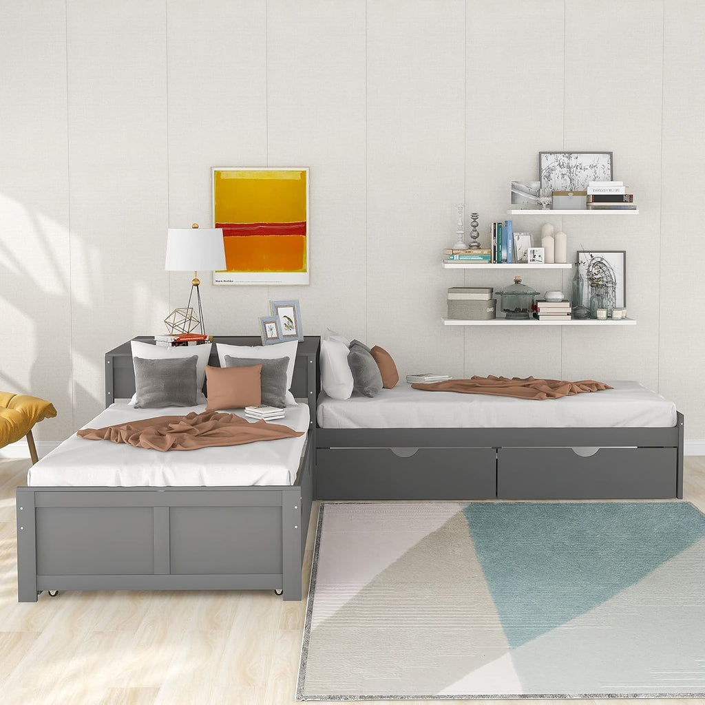 Twin L-Shaped Platform Bed with Trundle, 2 Storage Drawers, and Built-in Square Desk N18731