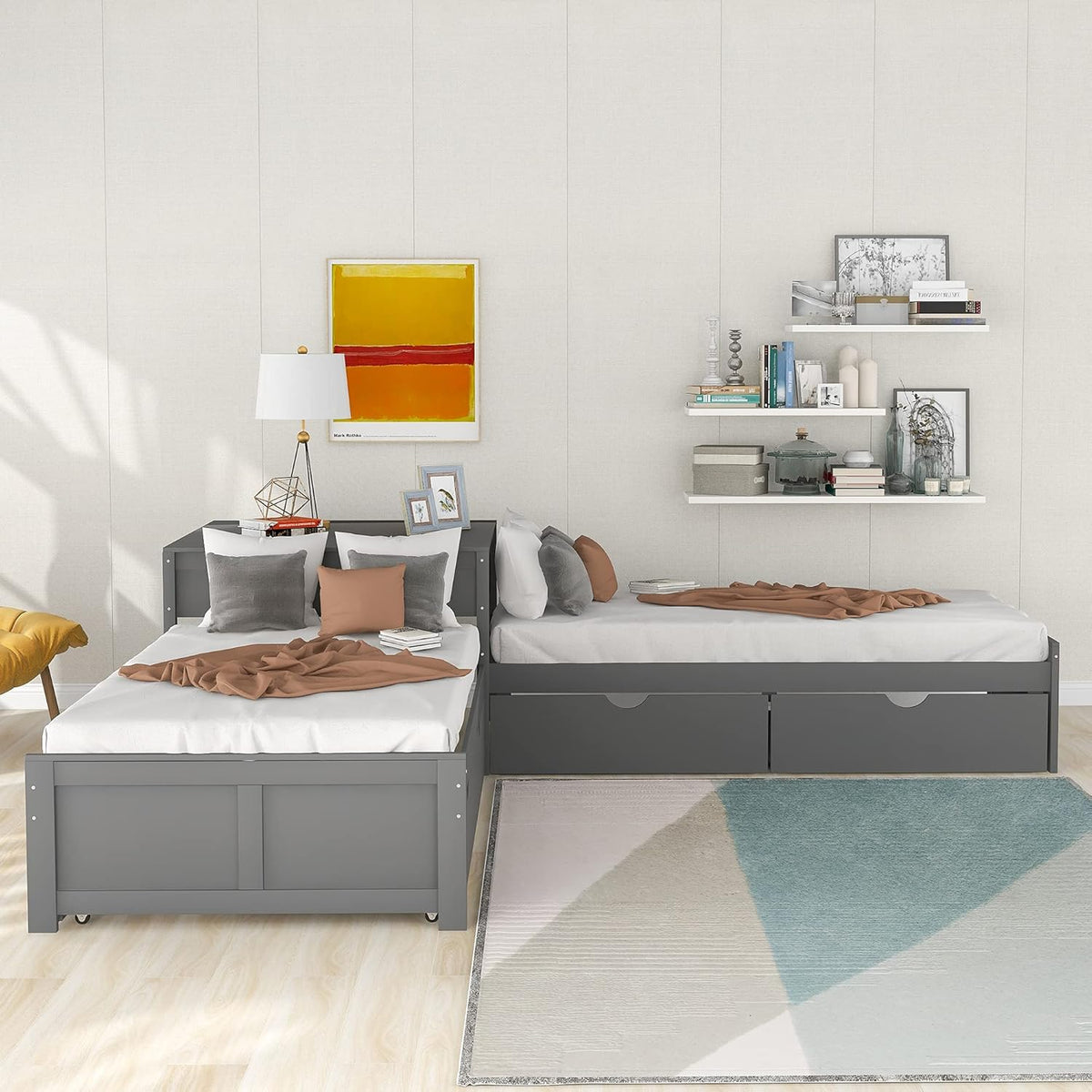 Twin L-Shaped Platform Bed with Trundle, 2 Storage Drawers, and Built-in Square Desk N18731