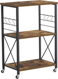 Industrial 3-Tier Baker's Rack Storage Cart on Wheels with 6 Side Hooks, Rustic Brown D204827