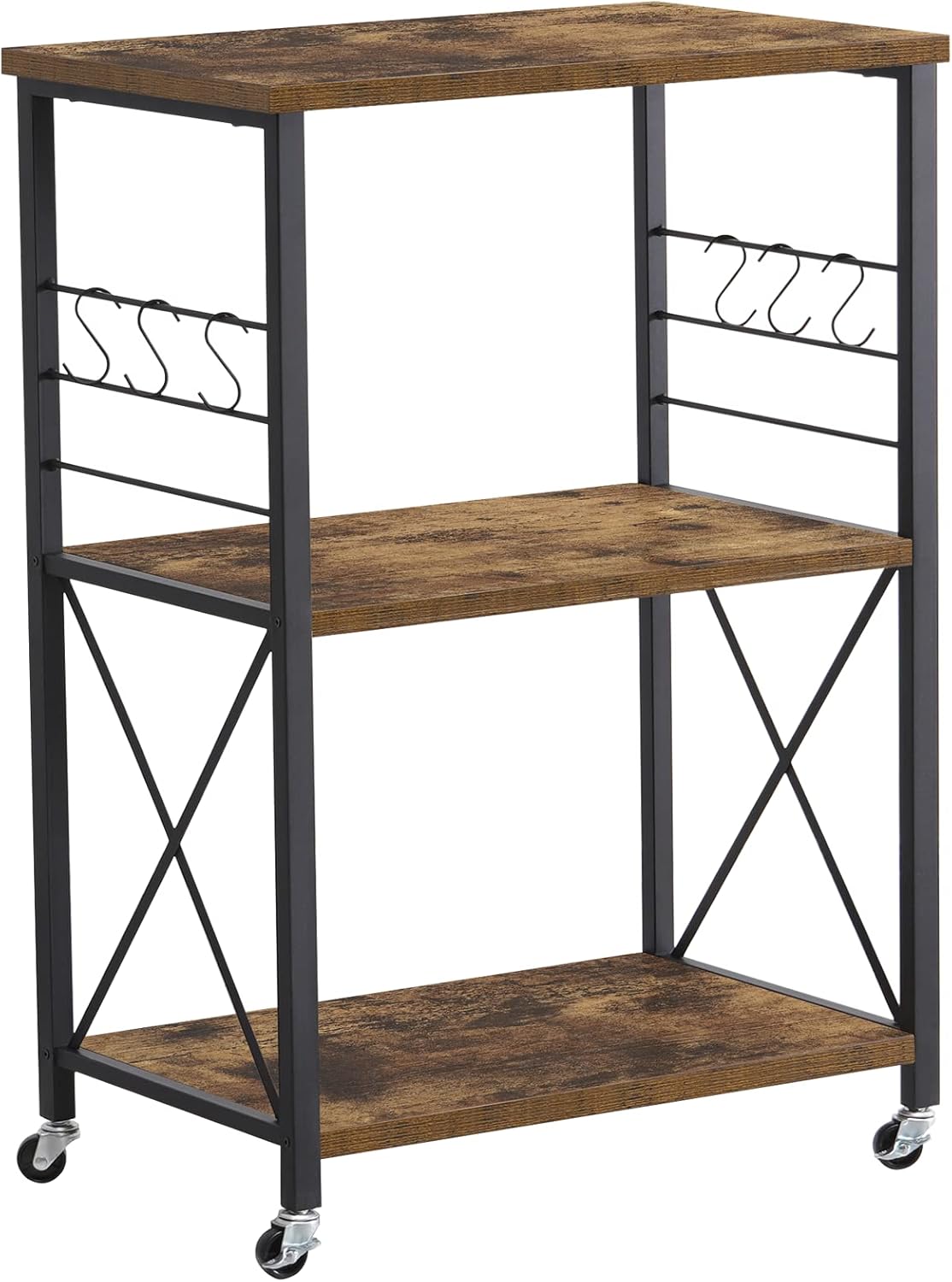 Industrial 3-Tier Baker's Rack Storage Cart on Wheels with 6 Side Hooks, Rustic Brown D204827