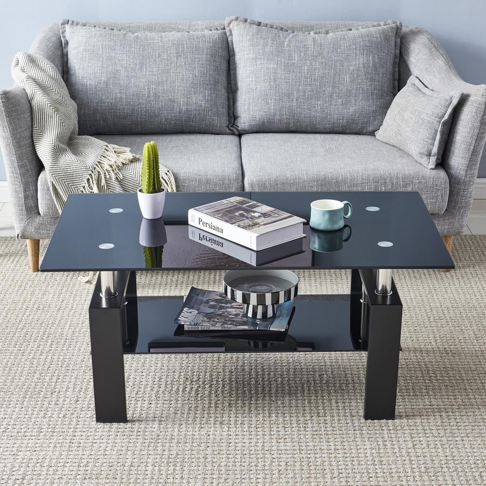 Rectangle Glass Coffee Table with Lower Shelf Metal Legs H885