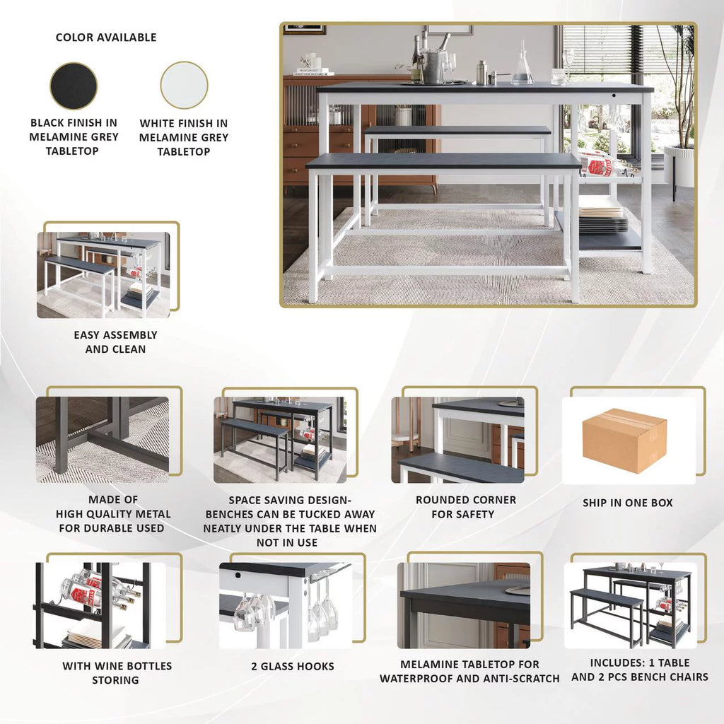 3-Piece Metal Dining Set with Wine Rack and Shelving, White W661394