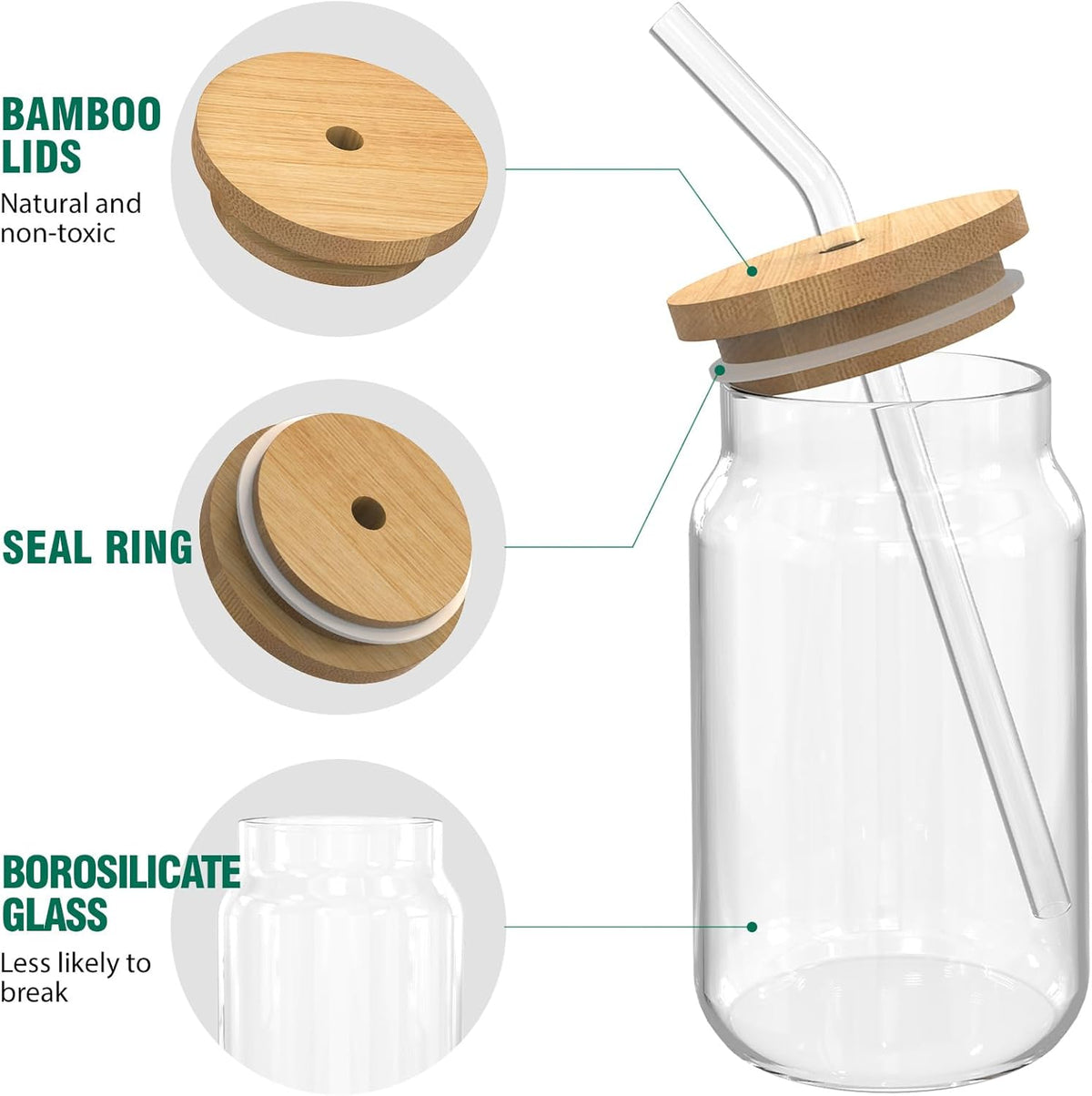 9pcs 16 oz Drinking Glasses with Bamboo Lids and Glass Straw P923