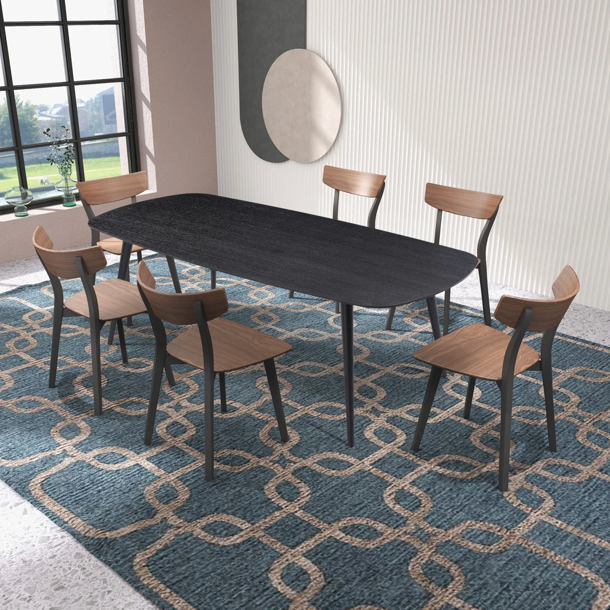 Rectangular Dining Table Black Oak Finished Ash Veneer Top 8 Persons V819