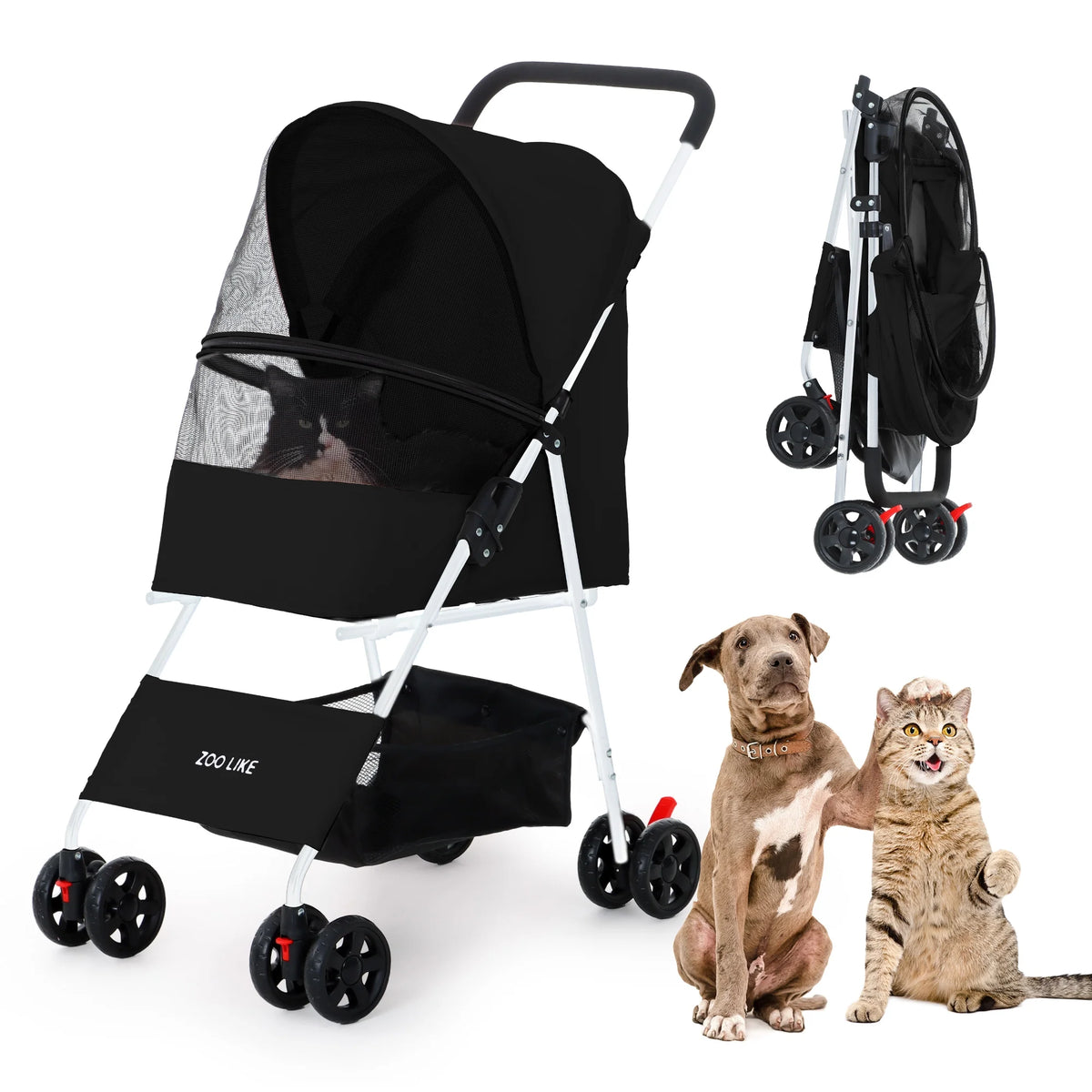 Folding Pet Stroller with Storage Basket, Black I462976