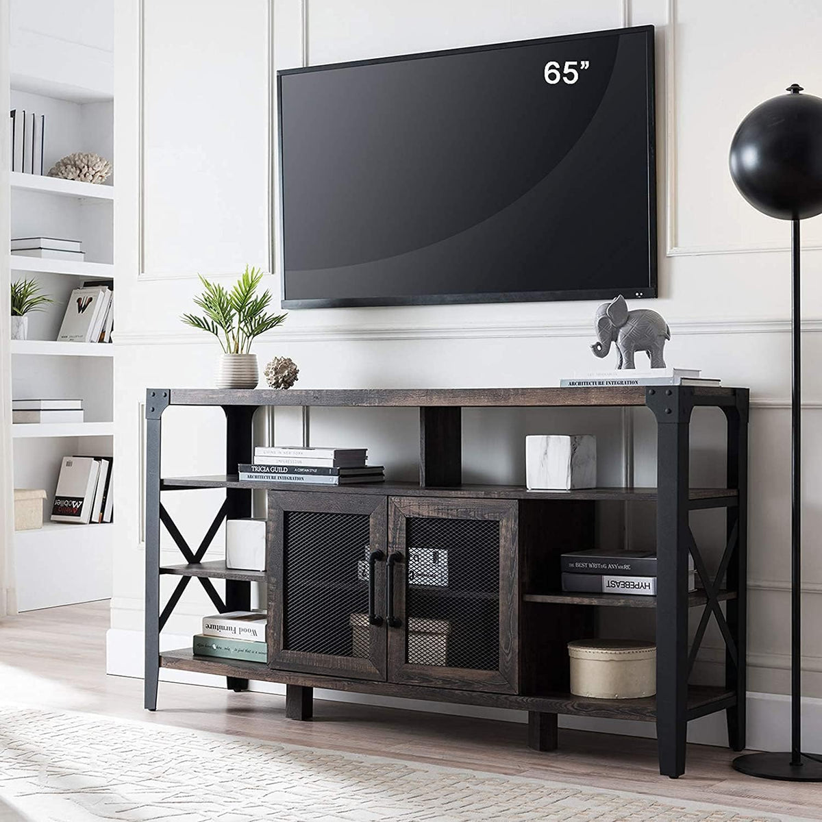 Large Brown Wood TV Stand with Metal Side X-Frame U5311