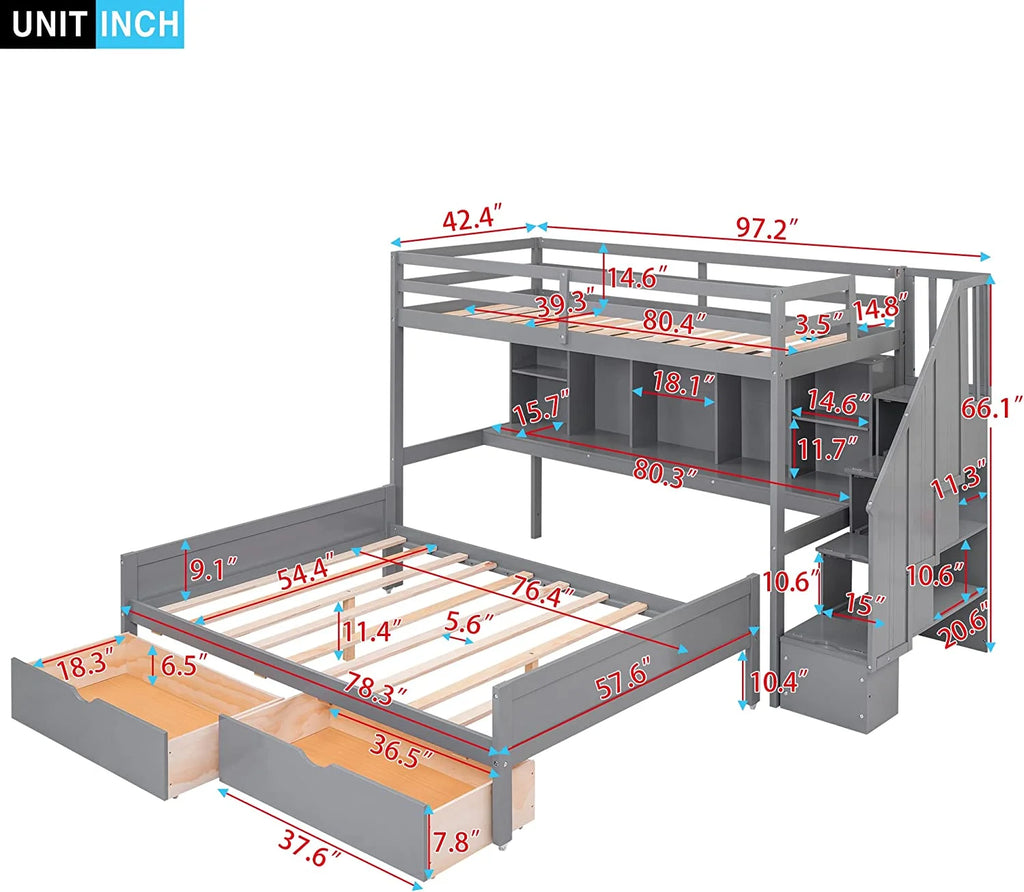 XL Over Full Solid Wood Bunk Bed with Stairs and Storage D28399